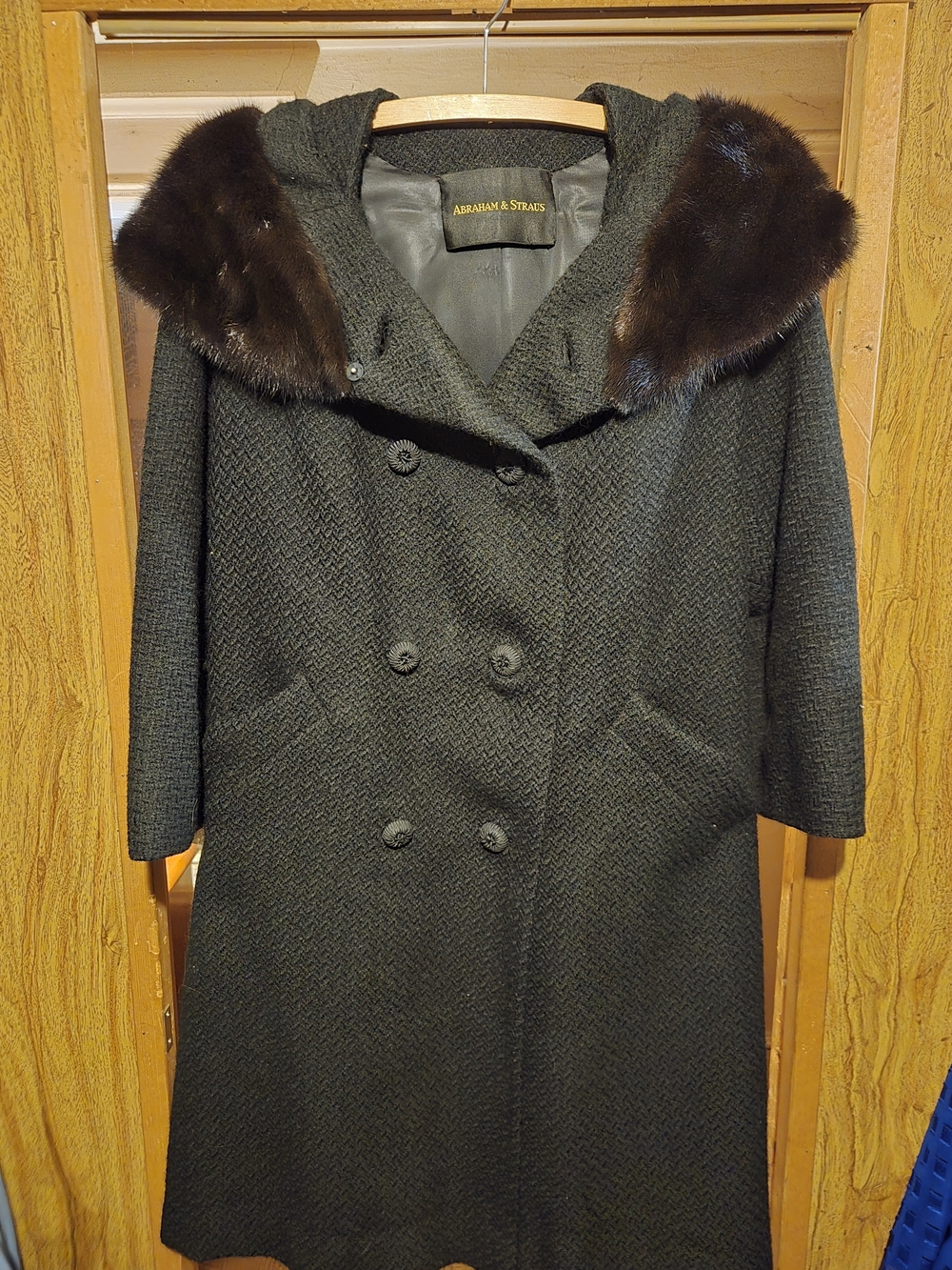Dark Brown Double-Breasted Wool Pea Coat with Fur Trim
